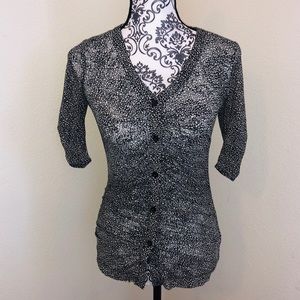 CAbi Sheer Black and White Printed Button Down Top